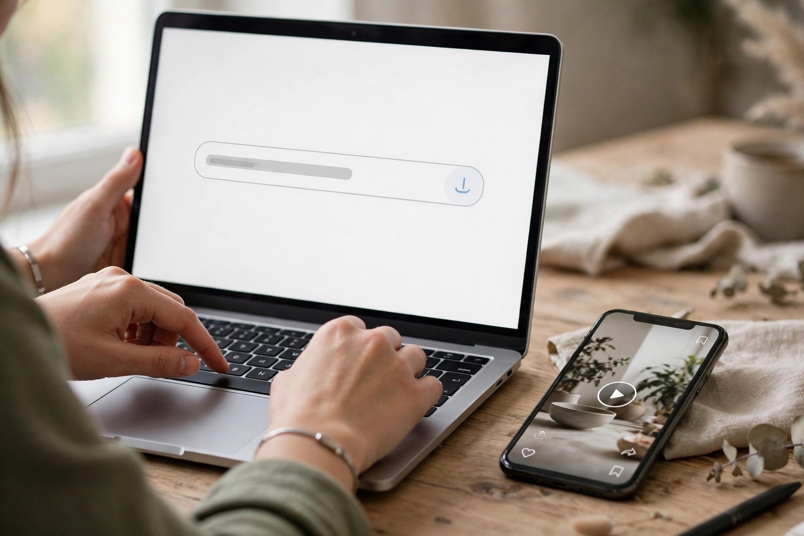 Pasting a Pinterest video link into an online downloader on a laptop, the first step before you download Pinterest videos