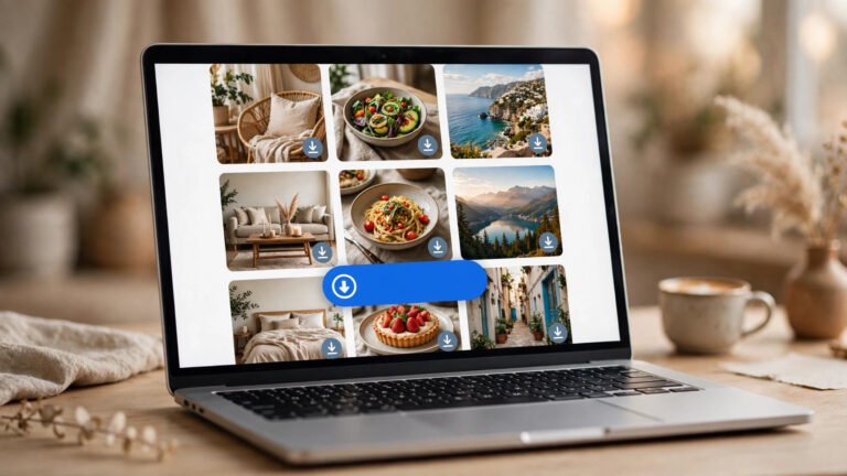 Laptop displaying a grid of Pinterest-style inspiration pins with download icons and a large blue download button — bulk board download concept