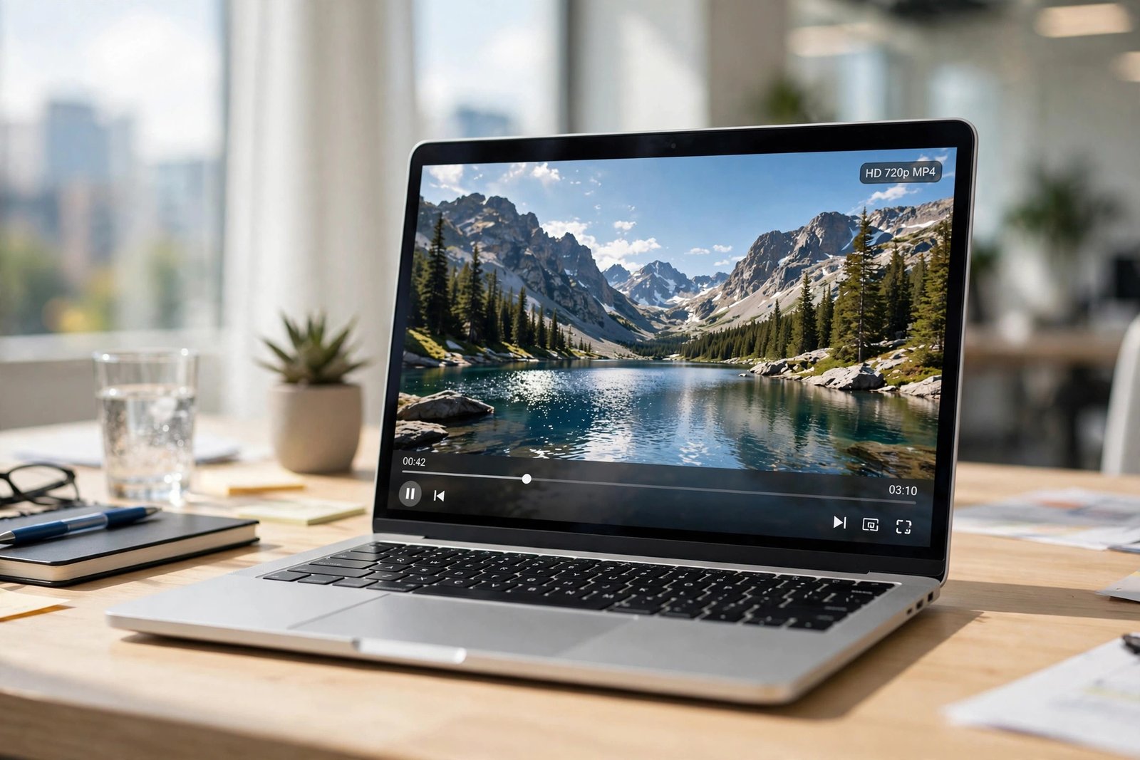 Laptop screen playing a downloaded Pinterest video in HD quality, clean frame with no watermark logo