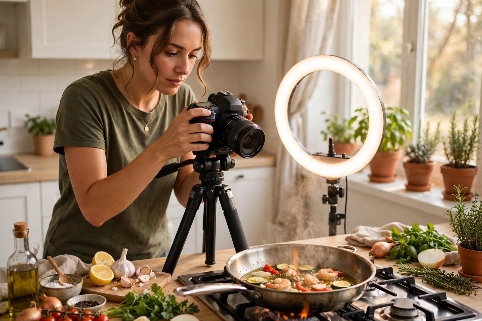 Content creator filming an original recipe video in a bright home kitchen with a camera on a tripod and a ring light