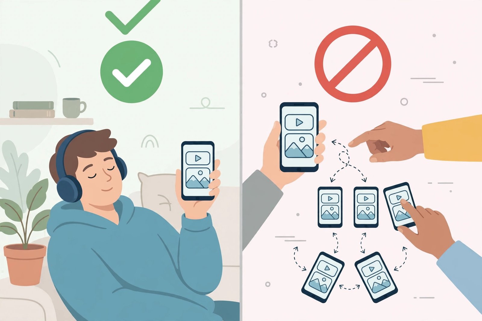 Split illustration: personal offline viewing with a green check versus reposting videos across platforms with a red prohibition sign