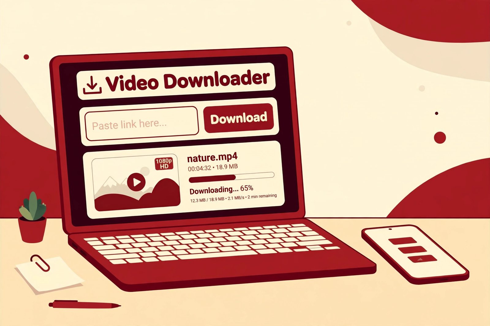 Laptop showing a Pinterest video being downloaded in high quality through an online downloader