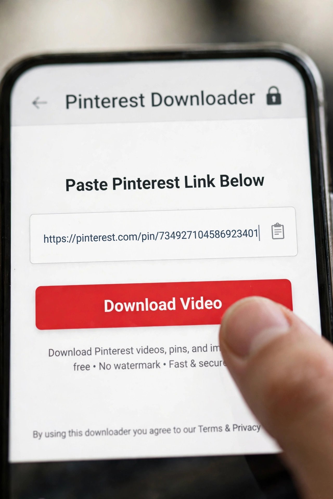 Close-up of phone screen showing a Pinterest pin link being pasted into an online downloader