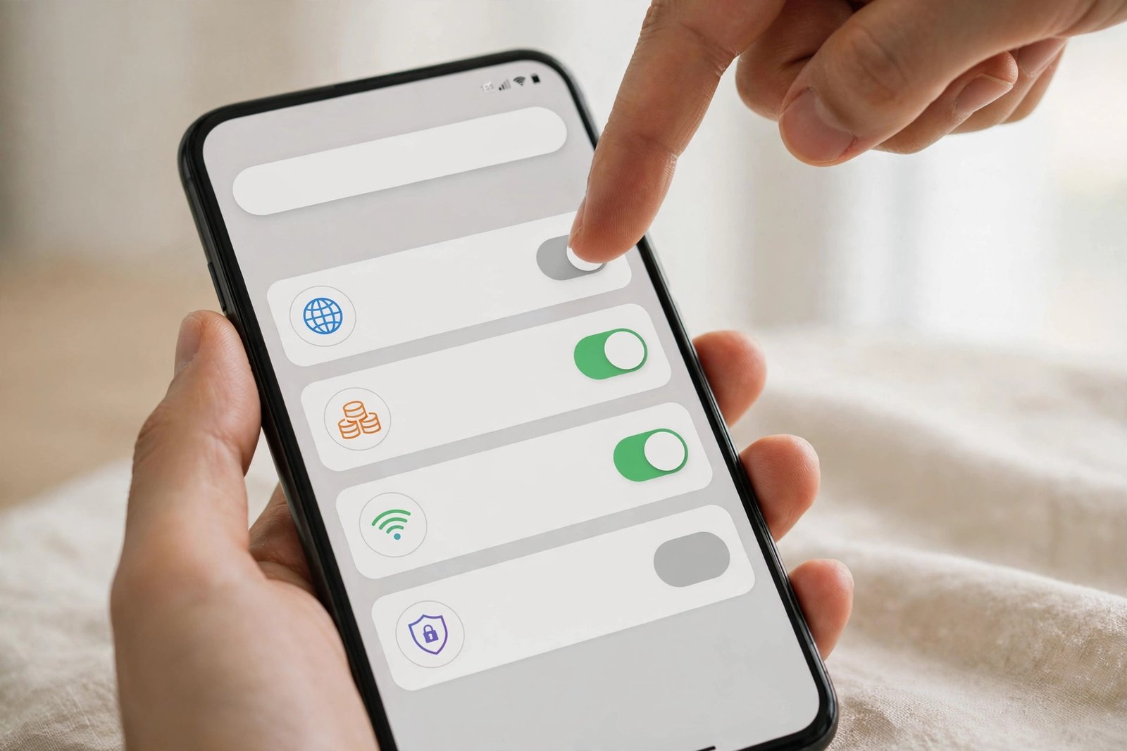 Hand holding a smartphone showing settings toggles for browser, storage, Wi-Fi and VPN, finger tapping a switch