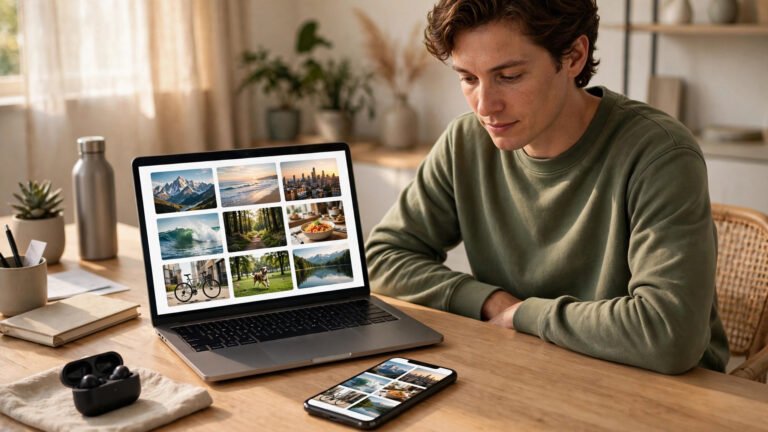Person at a desk comparing video downloader apps on a laptop showing a video grid, with a phone beside it
