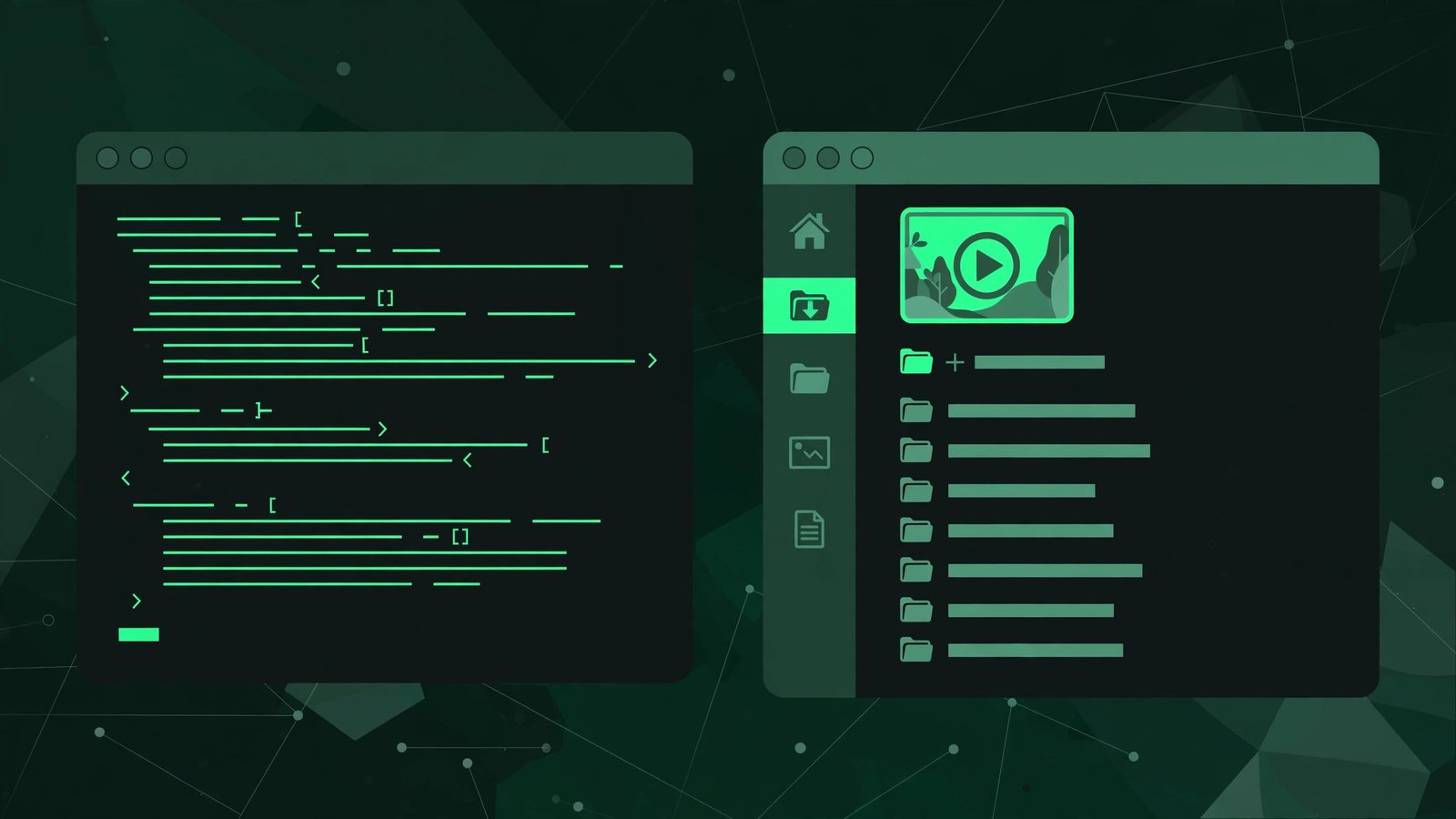 Linux terminal beside a file manager window showing a downloaded Pinterest video saved as MP4