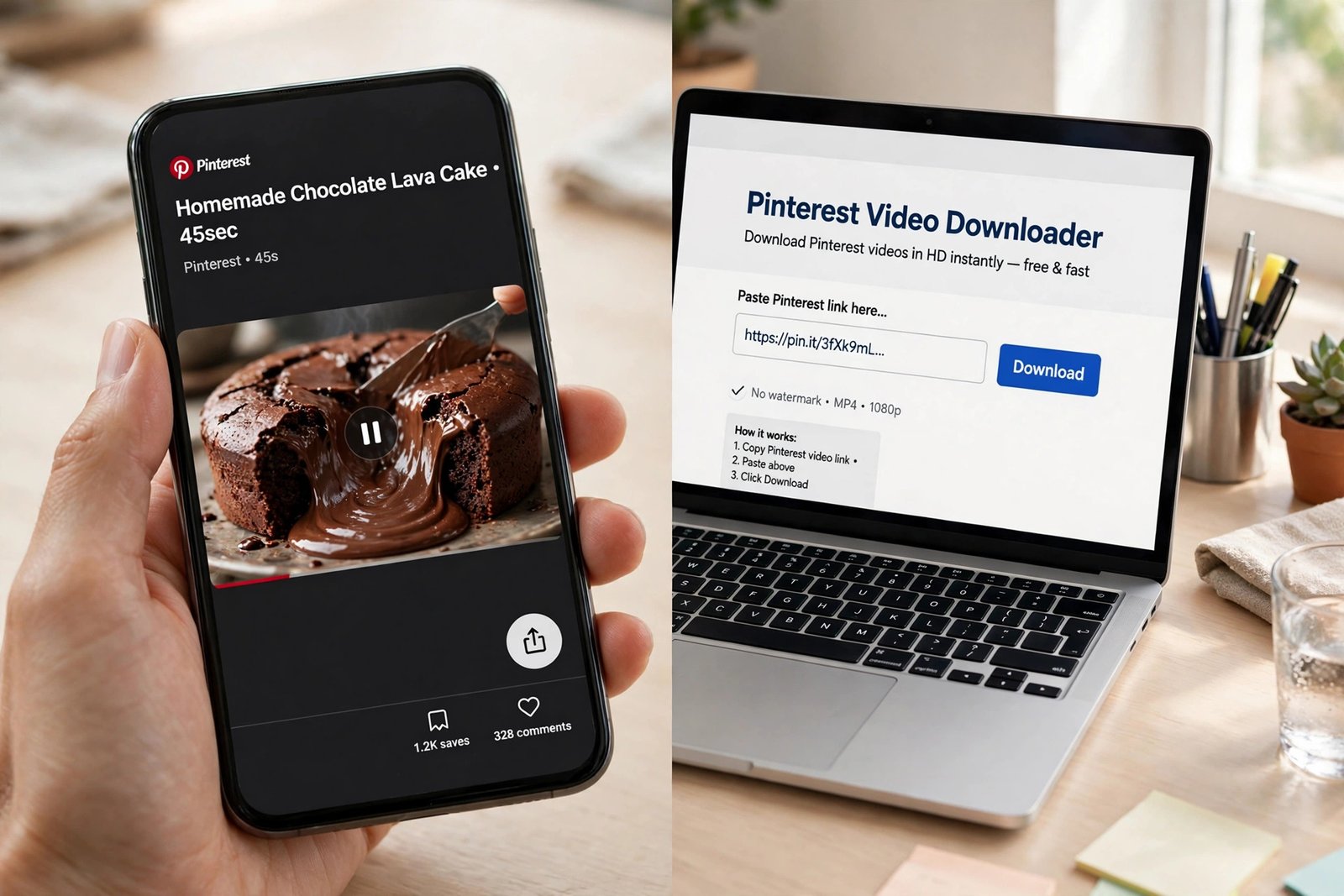 Hand holding a phone showing a Pinterest video pin with the share icon next to a laptop displaying an online Pinterest video downloader page, the two ways to download Pinterest video compared