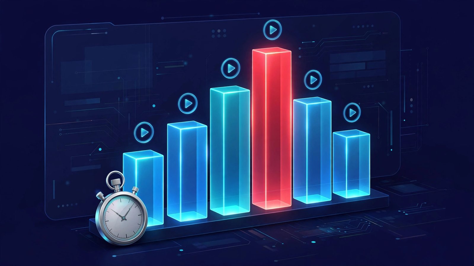 A glowing 3D bar chart with blue bars and one tall red bar, play-button icons floating above, and a stopwatch at the base — an illustration of download-speed comparison results.