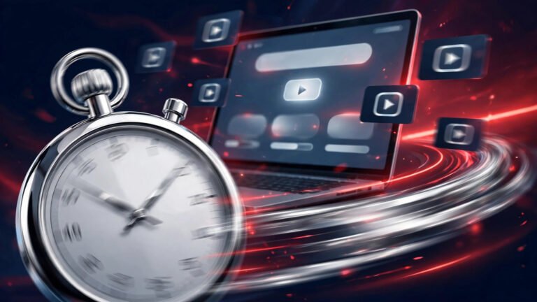 A chrome stopwatch with motion blur in front of a laptop showing a generic video-downloader page, floating video play-button cards and red light trails on a dark navy background.