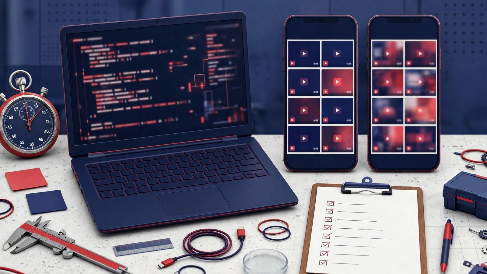 An illustrated speed-test workbench: a red stopwatch, a laptop showing timing readouts, two smartphones displaying grids of video thumbnails, a clipboard checklist, and measuring tools.