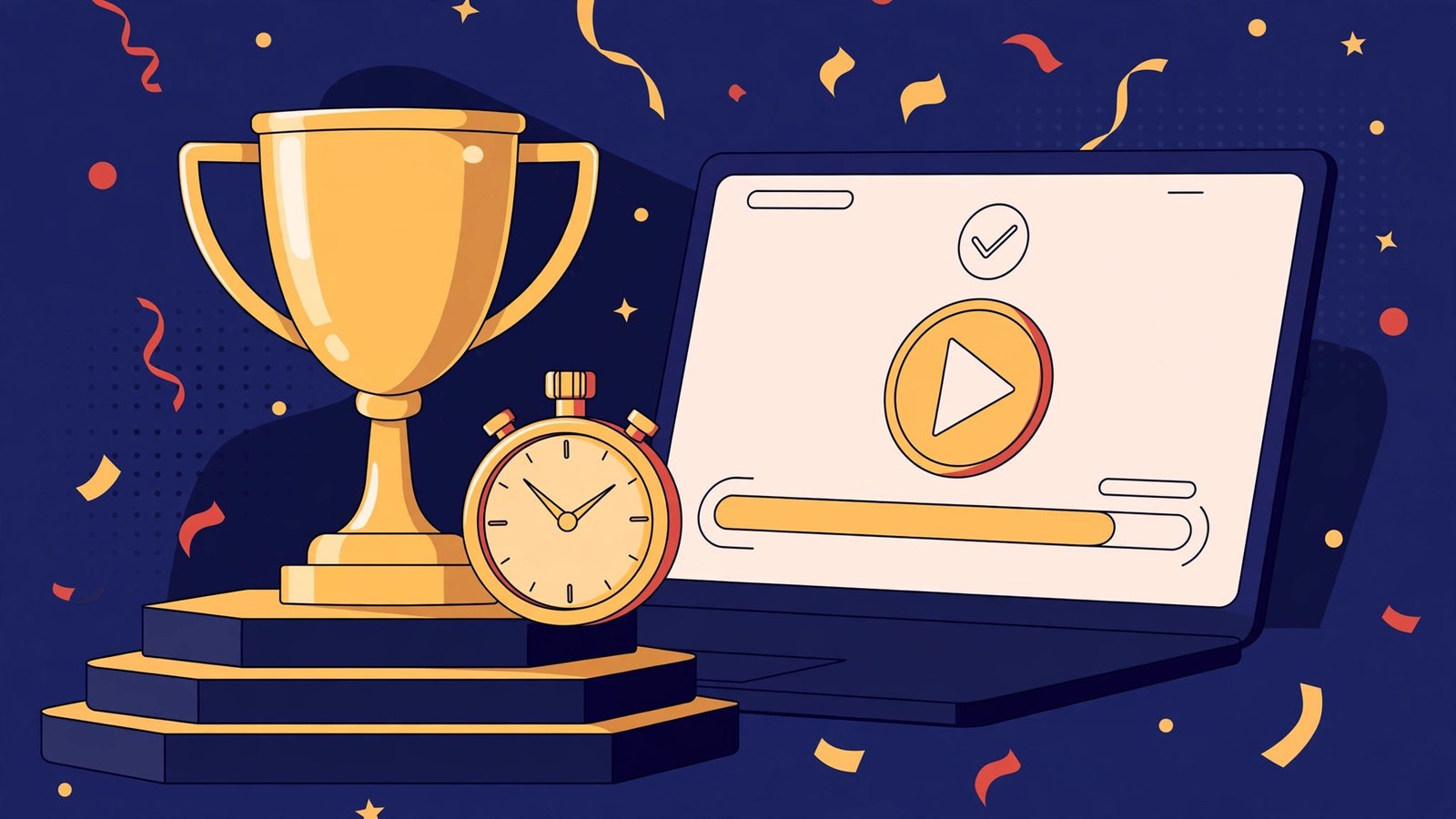 A flat-style illustration of a gold trophy on a podium next to a stopwatch and a laptop showing a download-complete screen, with confetti on a navy background.