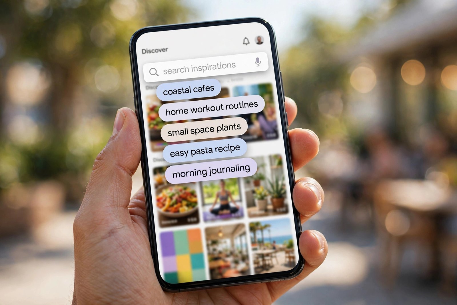 A hand holding a smartphone showing a discovery app's search bar with autocomplete keyword suggestion bubbles over a feed of video thumbnails.