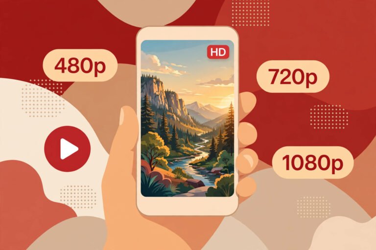 Hand holding a smartphone displaying a crisp Pinterest video pin with an HD quality badge and floating resolution labels