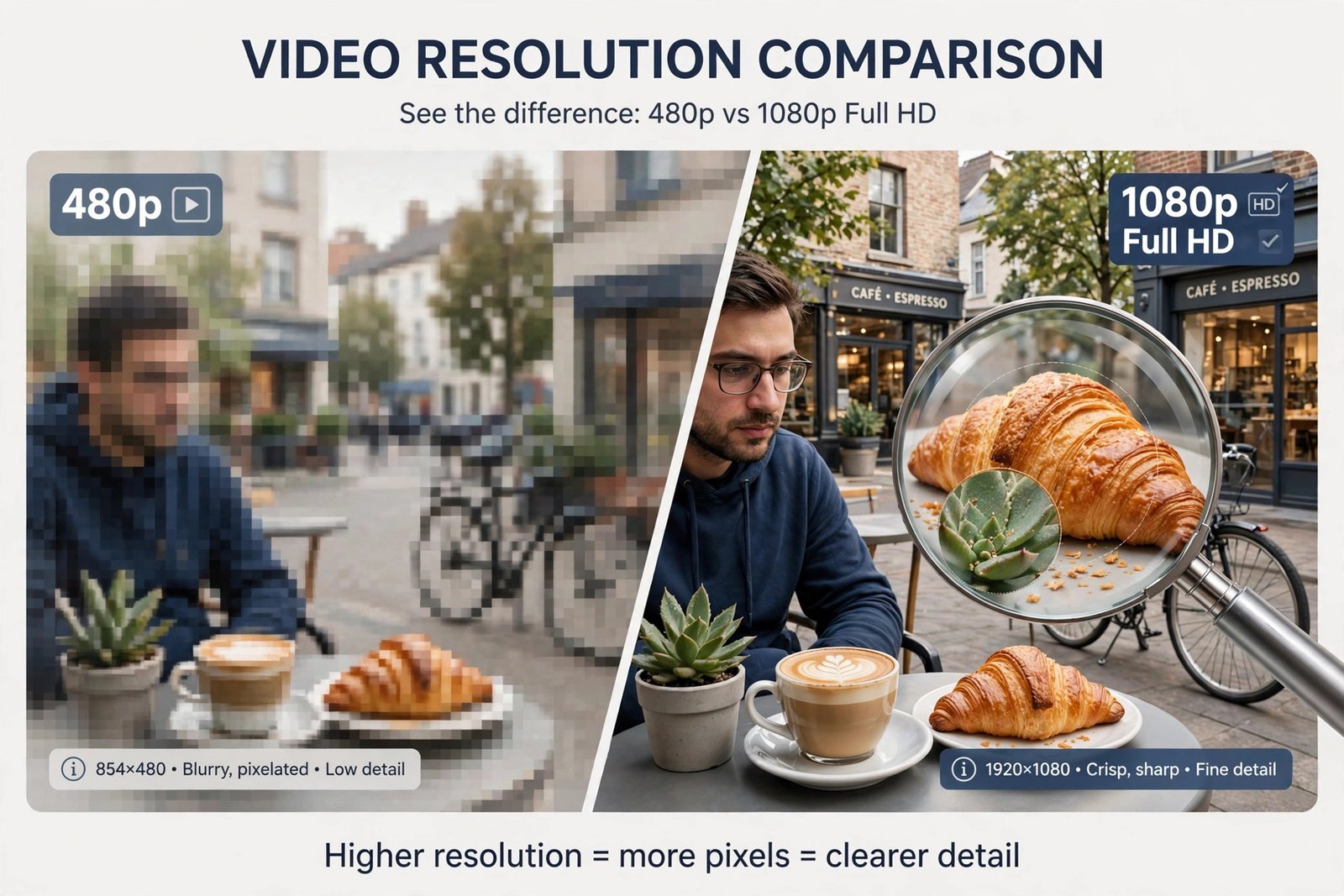 Side-by-side comparison of a blurry low-resolution video frame next to a sharp full HD frame