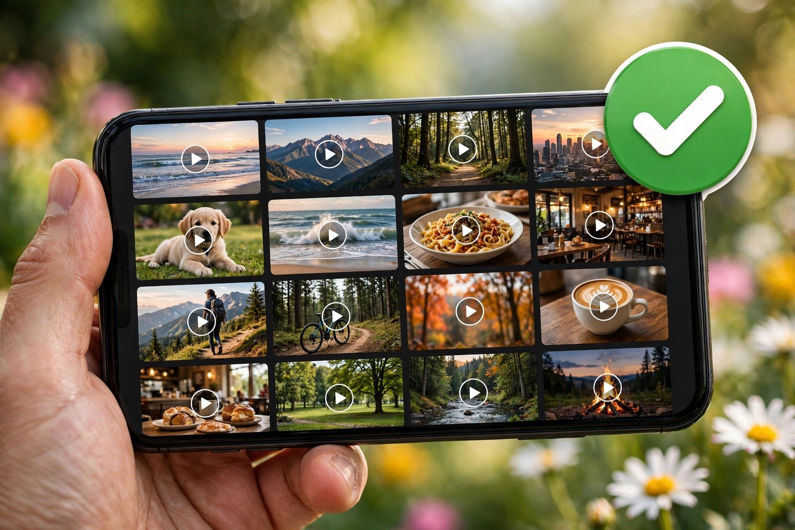 Phone gallery full of downloaded video thumbnails with a green checkmark badge