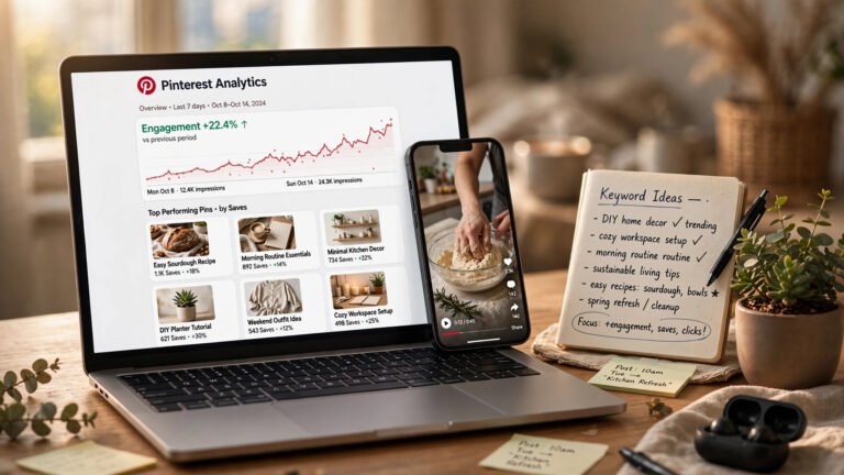 A creator's desk with a laptop showing a Pinterest analytics dashboard with rising engagement graphs and top-performing video pin thumbnails, a smartphone playing a vertical video, and a notebook of handwritten keyword ideas.
