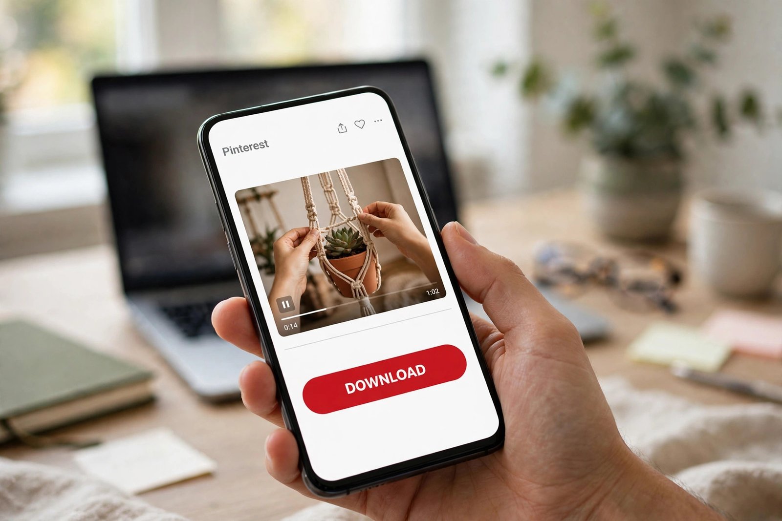 Person holding a smartphone downloading a Pinterest video, clean frame with no watermark logo