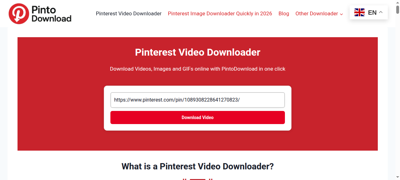 PintoDownload homepage with a Pinterest pin URL pasted into the download field, from the author's own test in October 2026