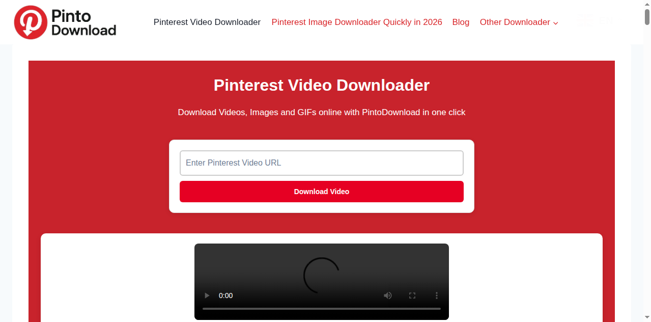 Screenshot of the PintoDownload result page with the video player loading the resolved Pinterest video, captured during the author’s October 2026 test