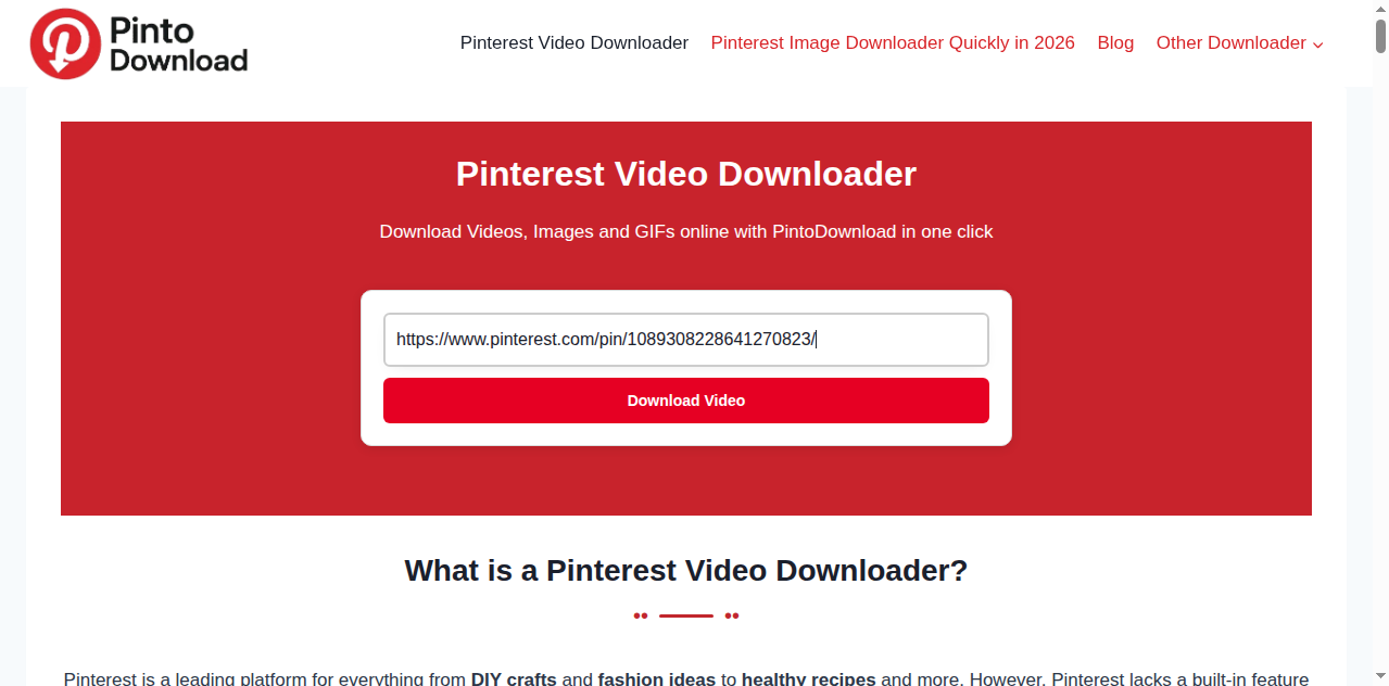 Screenshot of pintodownload.com with a Pinterest pin URL pasted into the input box to download Pinterest video files in Chrome