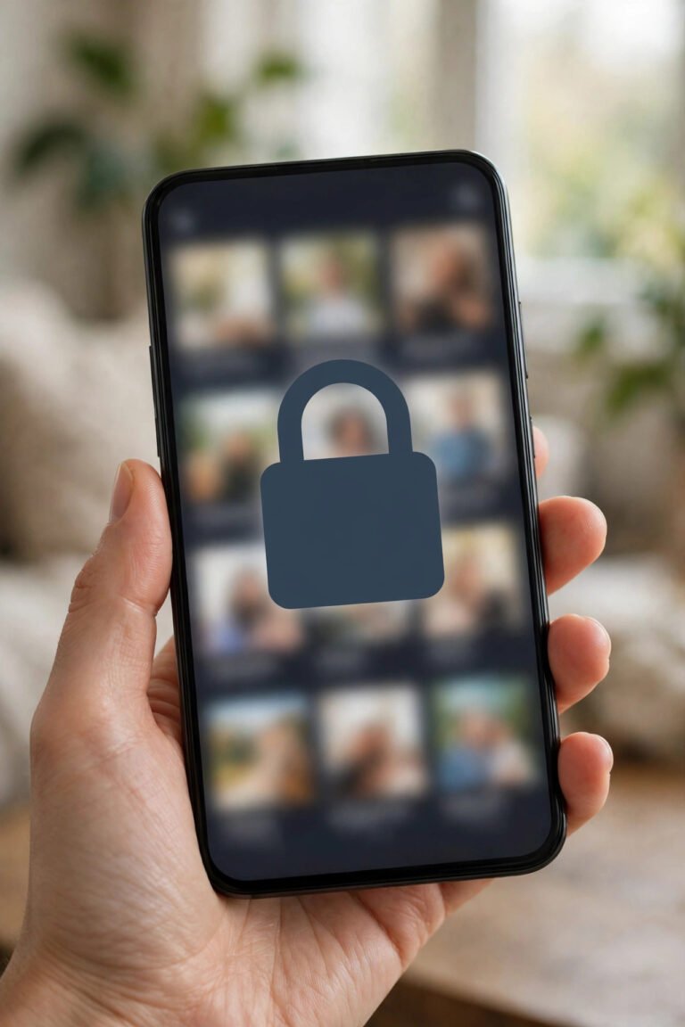 Phone held in a hand showing a photo board covered by a large padlock