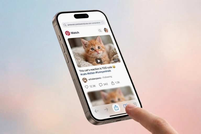 An iPhone floating at a slight angle against a soft gradient background, its screen showing a mobile browser on a video watch page with a cute orange kitten video thumbnail, while a finger taps the Safari share icon in the toolbar.