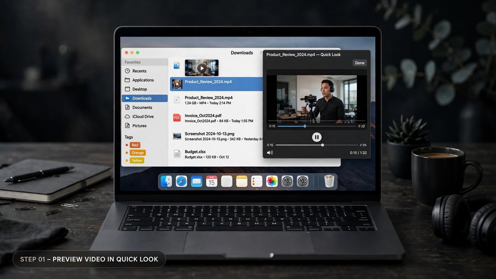A MacBook screen showing a macOS Finder window open to the Downloads folder with a highlighted MP4 video file, a Quick Look preview window playing the video beside it, and the macOS dock visible at the bottom.