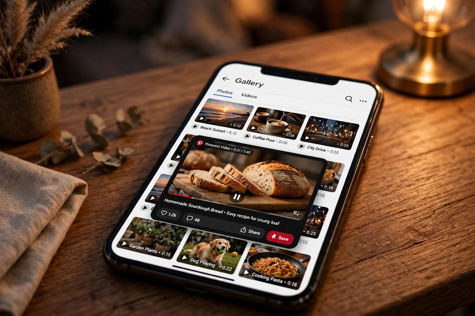 Downloaded Pinterest video saved in a phone gallery app, playing cleanly