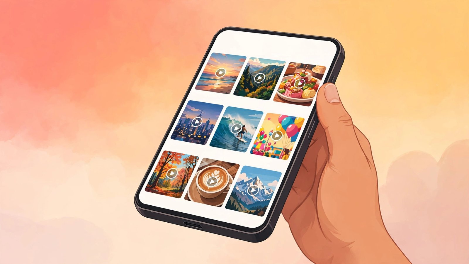 A hand holding a smartphone at a slight angle showing a photo gallery app grid filled with colorful video thumbnails with play buttons, against a warm gradient background.