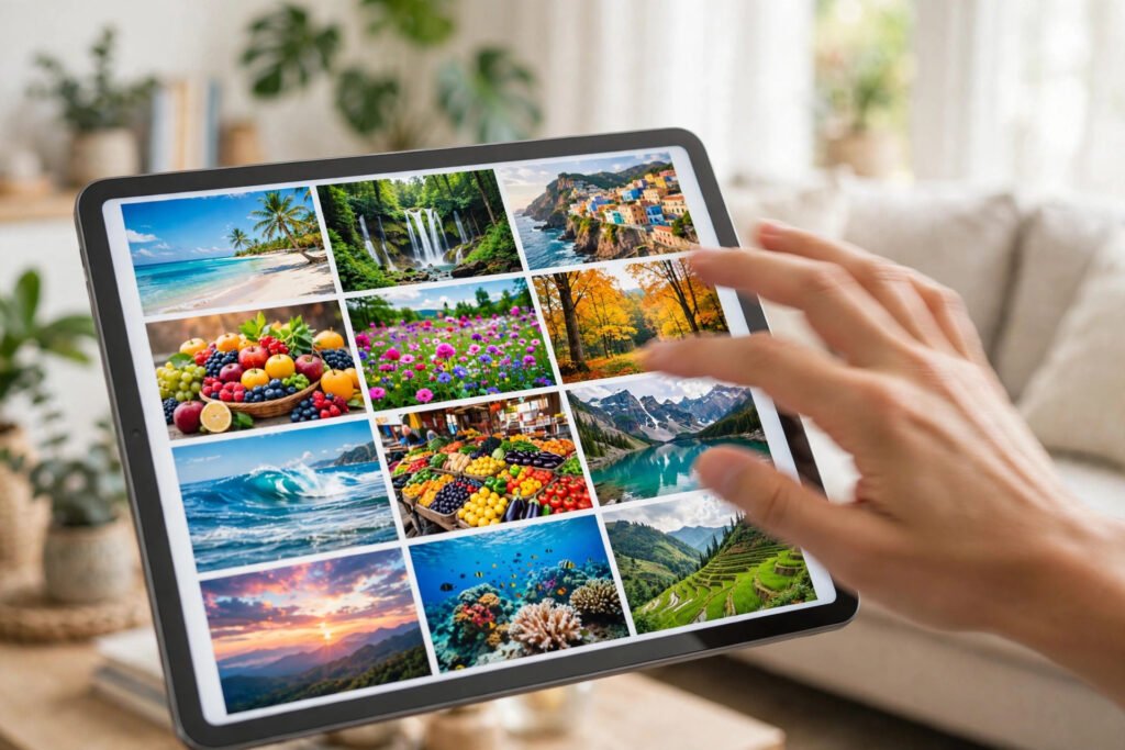 Hand swiping through a grid of colorful video thumbnails in a gallery app on a tablet