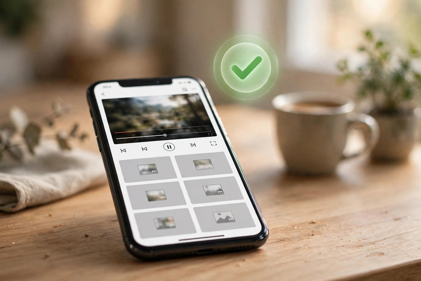 Downloaded Pinterest video playing in a phone's gallery with a green checkmark confirming the save