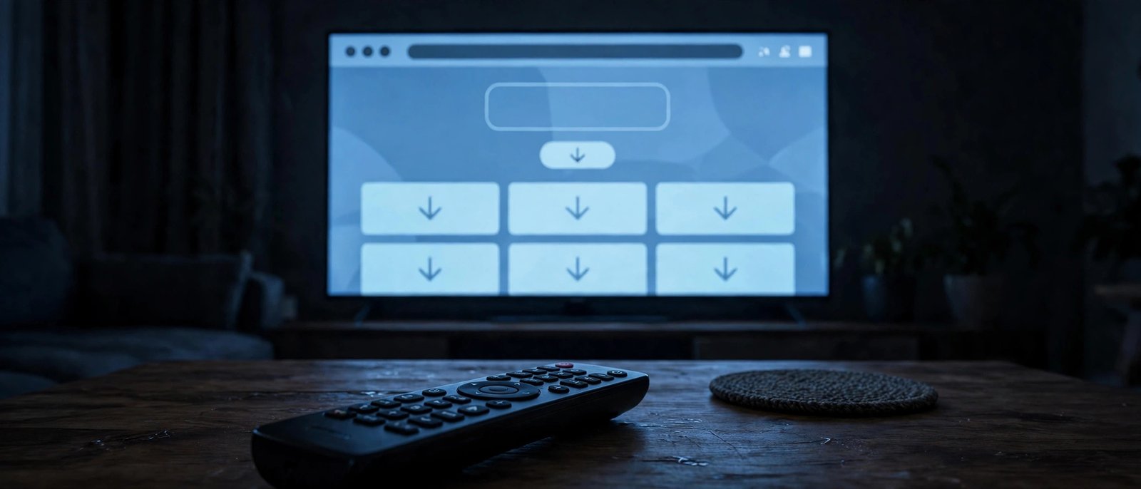 Smart TV web browser open on a Pinterest video downloader site with the TV remote in the foreground