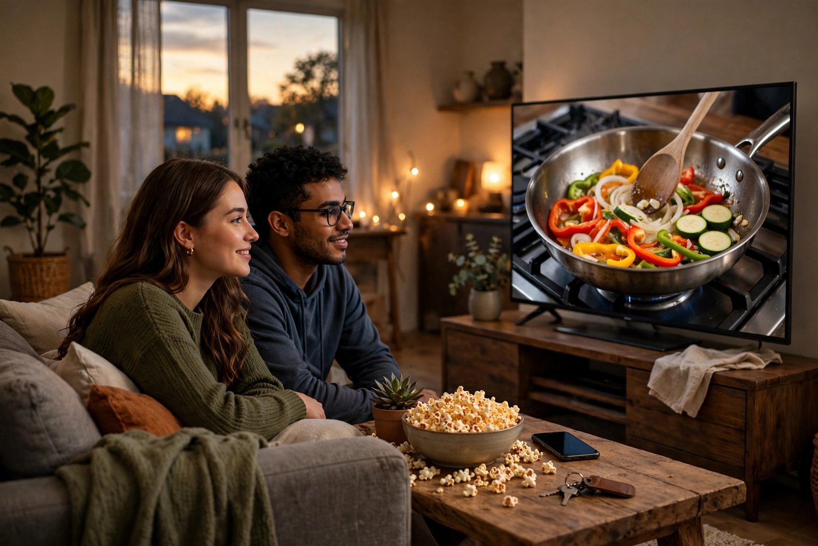 Downloaded Pinterest video playing on a large Smart TV while friends watch
